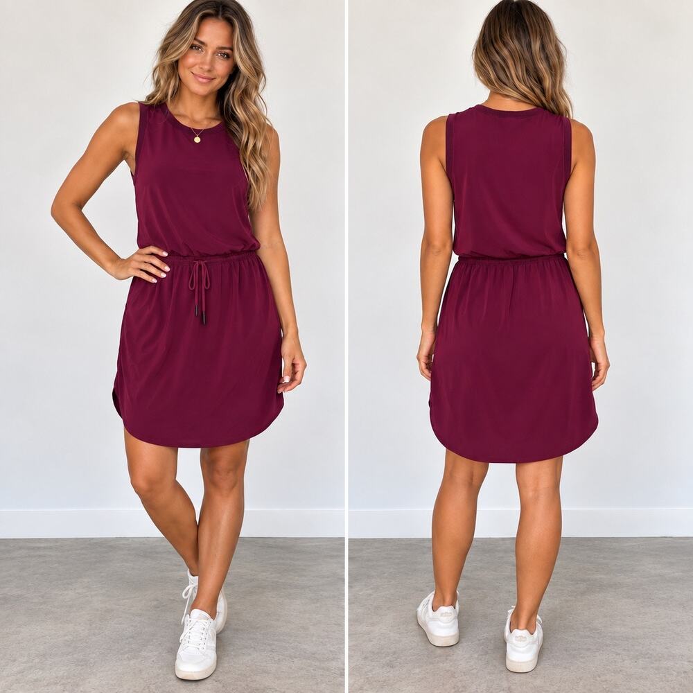 Athleta Rincon Dress Small Burgundy Featherweight Stretch Drawstring Travel